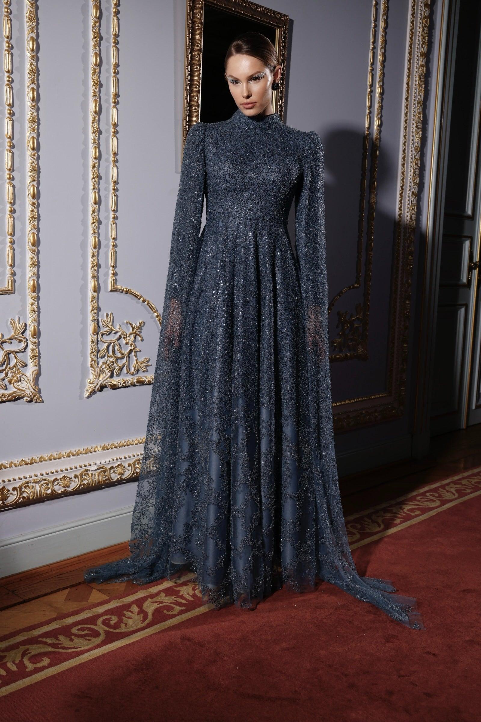 Diana Indigo Özel Dikim Pelerinli Elbise - MyRentalDress