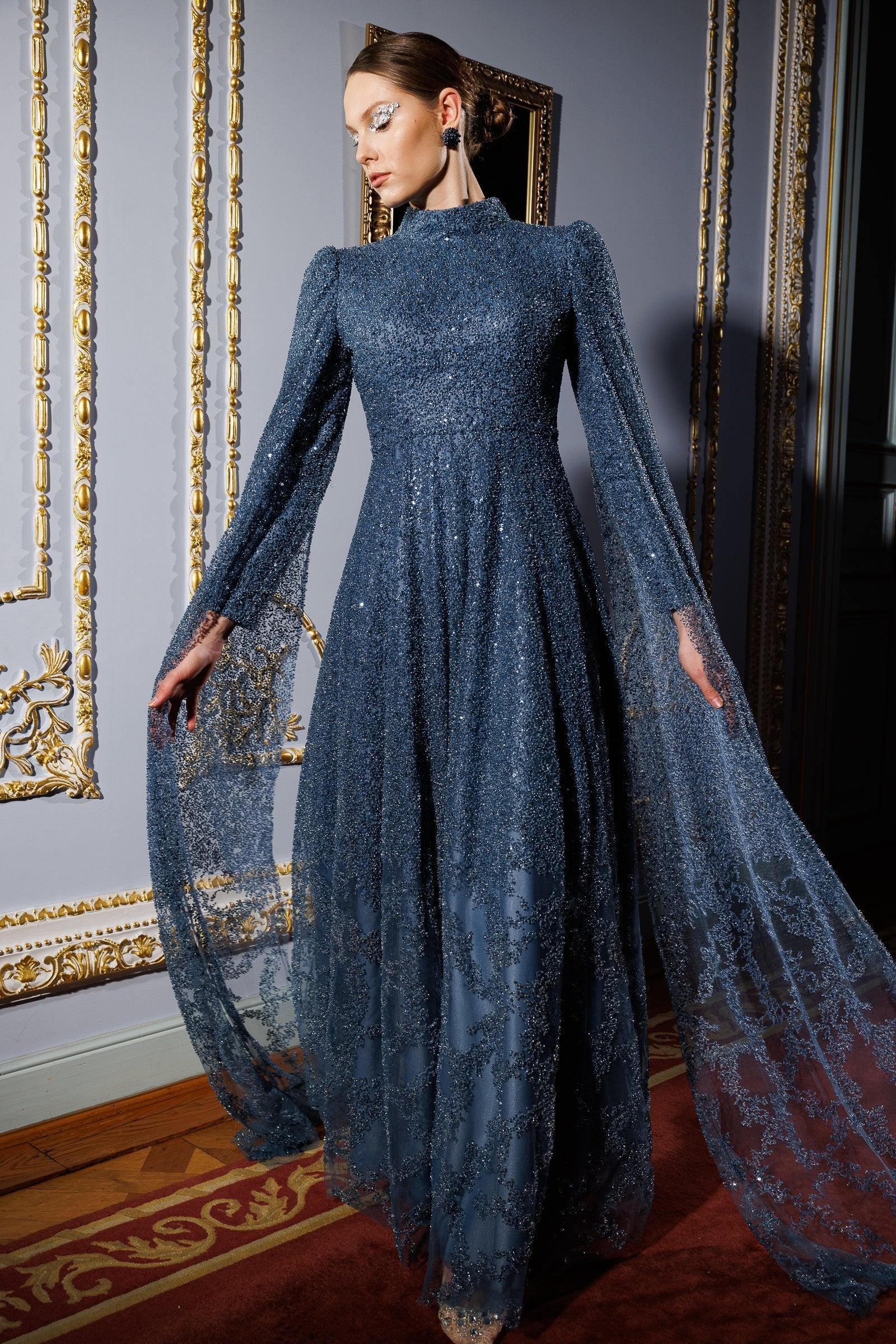 Diana Indigo Özel Dikim Pelerinli Elbise - MyRentalDress