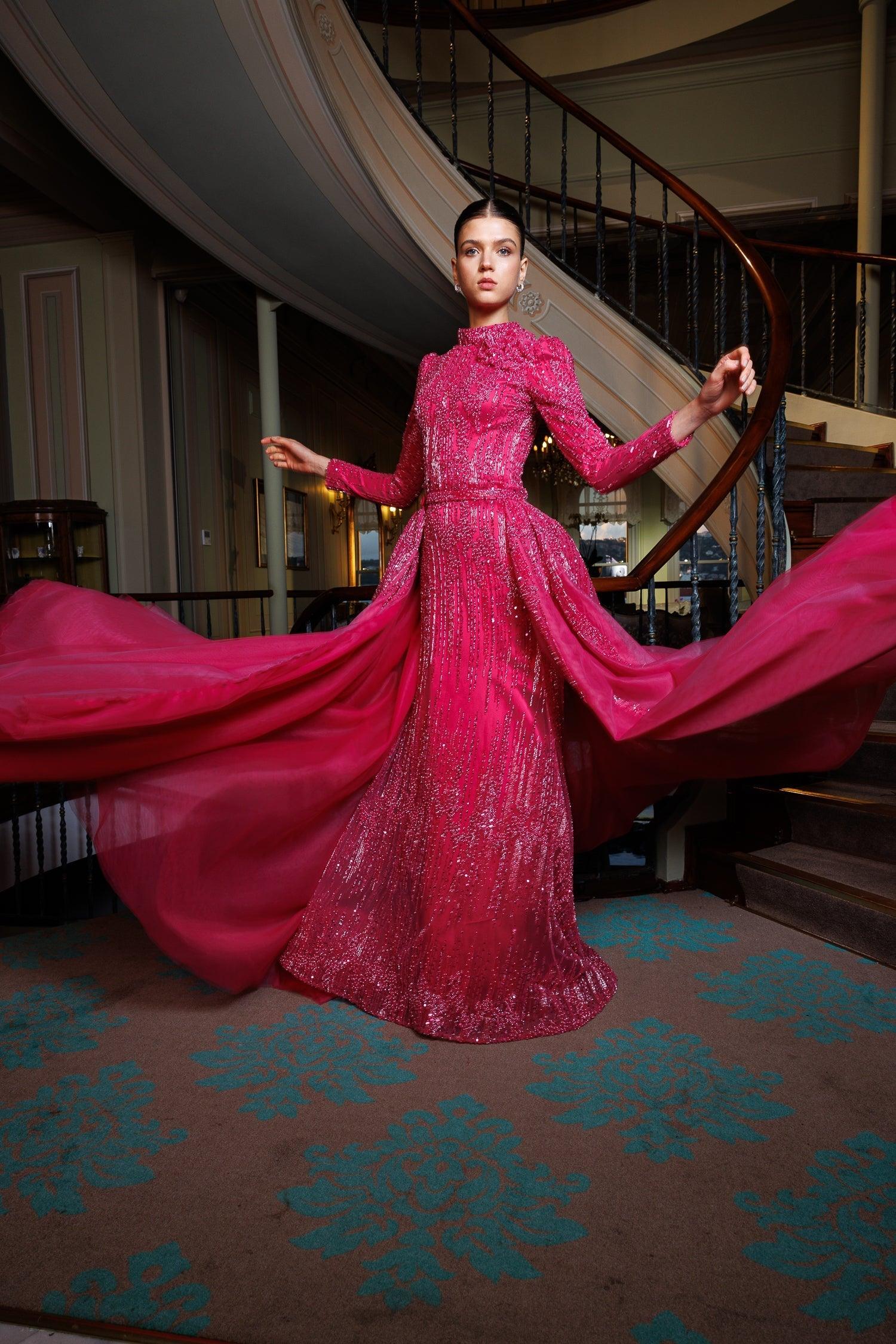 Eternal Fuşya Özel Dikim Kuyruklu Elbise - MyRentalDress