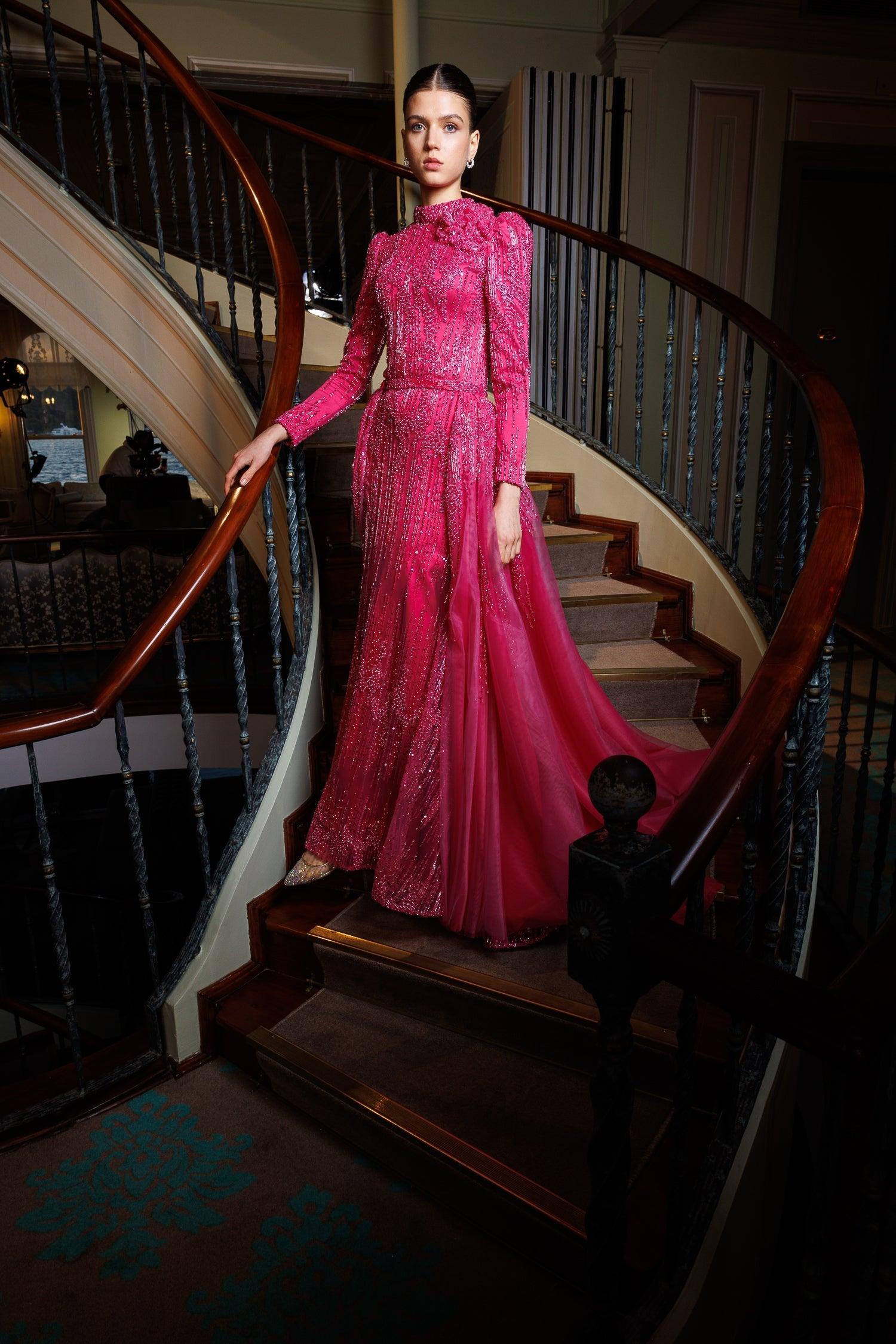 Eternal Fuşya Özel Dikim Kuyruklu Elbise - MyRentalDress