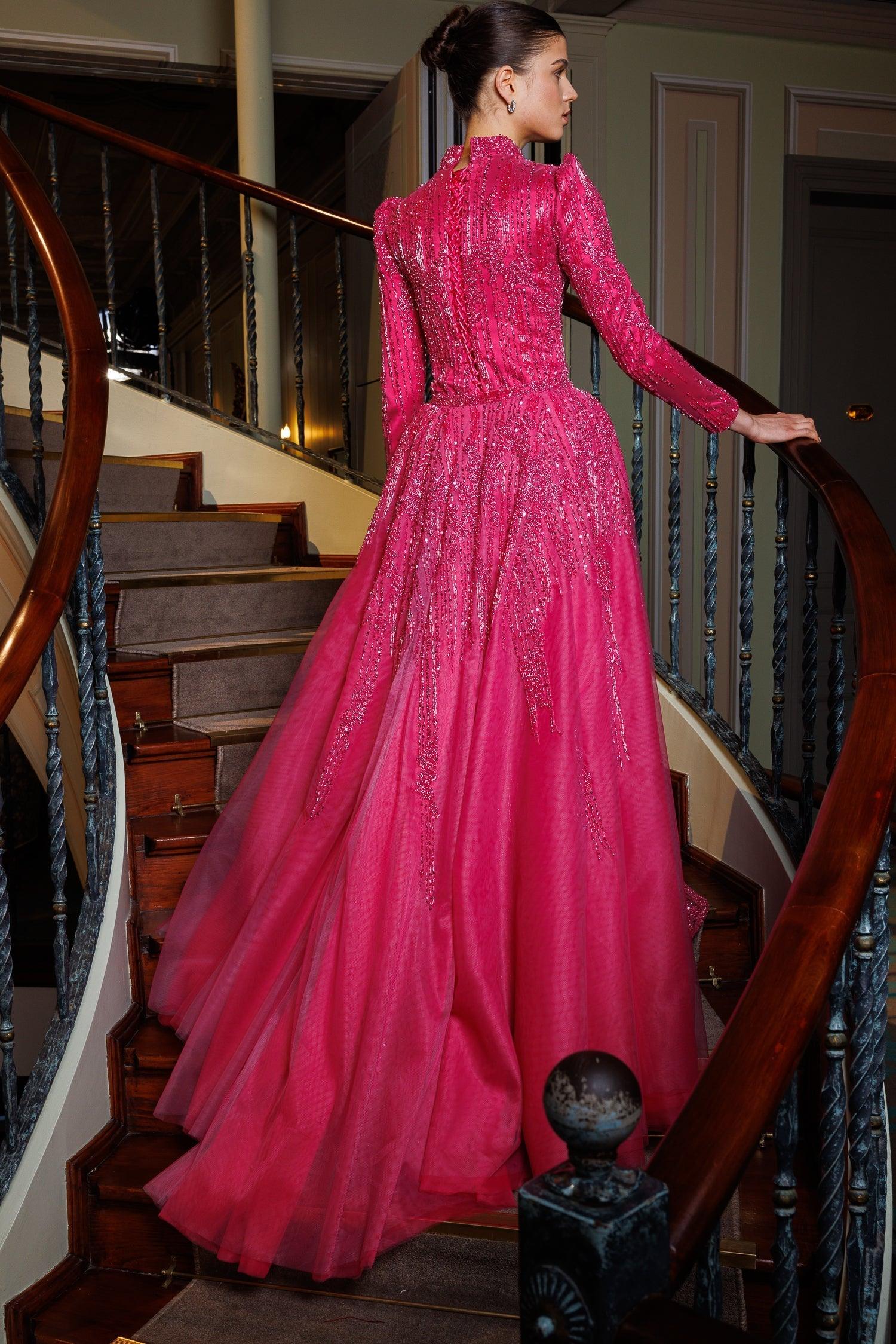 Eternal Fuşya Özel Dikim Kuyruklu Elbise - MyRentalDress