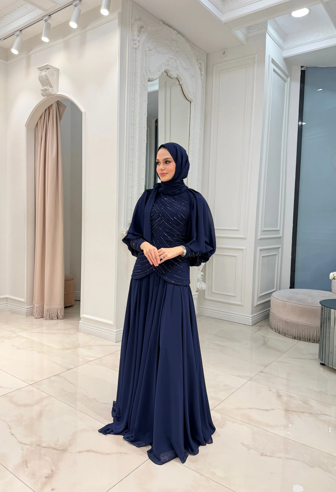 Fancy Lacivert Drapeli Elbise